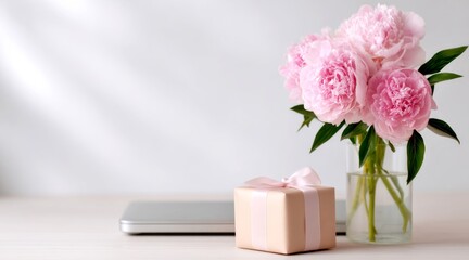 A beautiful arrangement of pink peonies sits in a clear vase. Next to it is a neatly wrapped gift box. A laptop computer is in the background. Perfect for celebration or inspiration. AI
