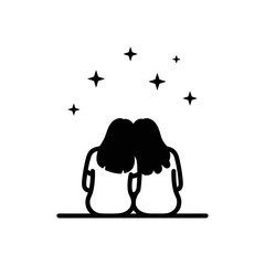 Two friends sitting together under stars in silhouette style  