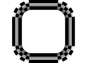 Vector square striped frame in checkered flag style. Pattern of black pixels and lines on white background. Sports Design Element. Halftone. Game, competition