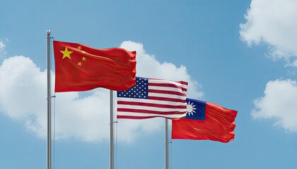 Flags in the wind: The flags of China, USA, and Taiwan flutter against a backdrop of a blue sky with fluffy clouds, symbolizing international relations and global diplomacy.