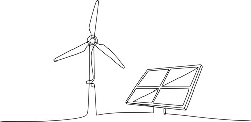 Fototapeta premium Continuous one line drawing of wind turbine and Solar panel vector illustration. Editable outline 