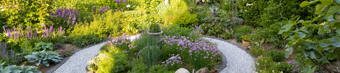 Winding gravel path through blooming garden landscaping - pano