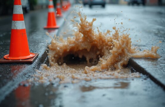 Street flood with dirty sewage water flowing from manhole. Orange cones set on street with flooded road after rain. Urban flooding causes overflow pollution. Road drainage malfunction creates