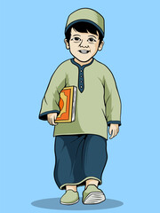 Happy Muslim Boy Holding a Holy Book