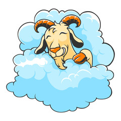 Happy Cartoon Goat in a Fluffy Blue Cloud