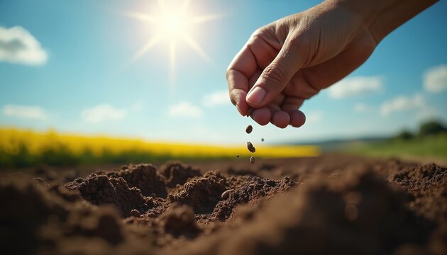 Farmer hand sows seeds in fertile soil under sunny sky. Sower plants hope, faith in fresh ground. Biblical parable of sowing word of god for growth new beginning, spreading gospel to reap harvest.