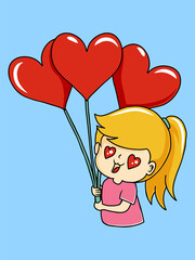 Cute Cartoon Girl with Heart Eyes Holding Red Balloons