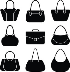 Elegant black silhouette women's bags and briefcase vector set