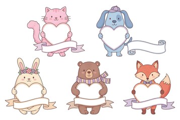 Adorable pastel animal set: cat, dog, rabbit, bear, and fox holding heart shapes with blank ribbon banners for text. Kawaii cartoon , soft outlines, isolated on white for cards and gifts.