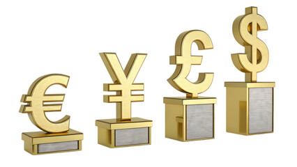 Golden euro, yen, pound, and dollar currency symbols isolated on white background