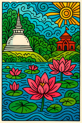 Bright Lotus Tower and Cityscape Doodle Design