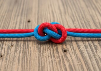 Obraz premium Red and blue ropes tied in a strong knot on a wooden surface