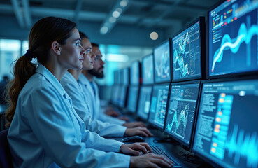 Team of scientists in lab coats analyze data on multiple computer screens in dark research facility. Researchers study genome sequences, charts. Men, woman work on biotech project, monitoring