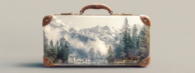 Dreamy Suitcase Filled with Scenic Landscapes of Majestic Mountains and Lush Forests for Travel Inspiration