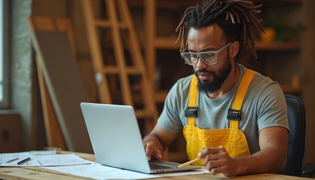 Man in overalls uses laptop in workshop. He reviews plans and blueprints at wooden desk. Professional works with computer on building project. - Powered by Adobe