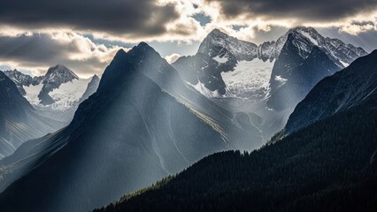 Sun rays over majestic snowcapped mountains and dramatic clouds