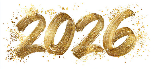 Golden 2026 New Year text with sparkling confetti and glitter brush stroke on white background