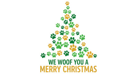 Image of a green and gold paw print Christmas tree. Represents holiday spirit, animal affection, and festive season, with a playful message