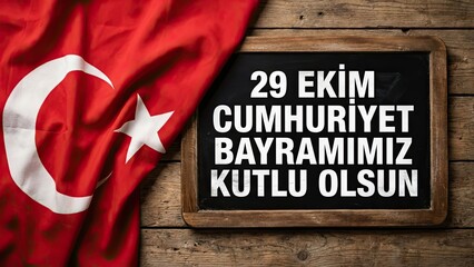 Turkish Flag & Holiday Celebration: A patriotic display of the Turkish flag alongside a blackboard announces a special holiday, conveying the spirit of national celebration and pride.