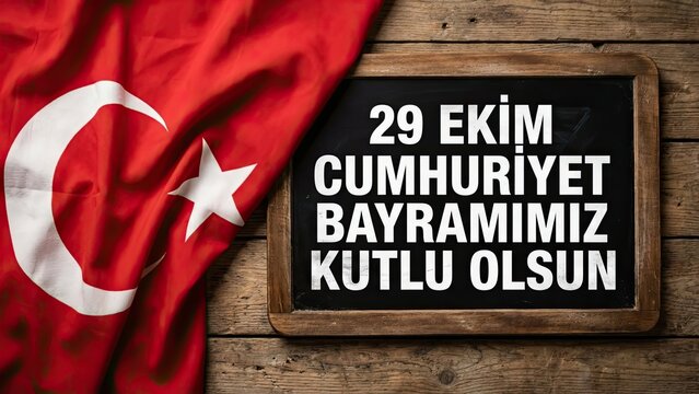 Turkish Flag & Holiday Celebration: A patriotic display of the Turkish flag alongside a blackboard announces a special holiday, conveying the spirit of national celebration and pride. - Powered by Adobe