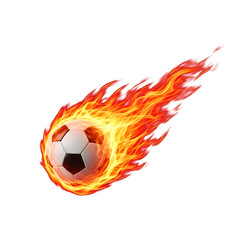 Fototapeta premium Soccer ball engulfed in bright orange and yellow flames isolated on a transparent background