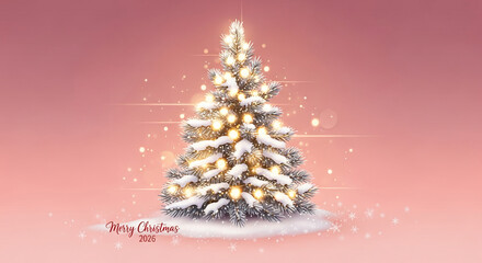 Illuminated Christmas tree covered with snow, set against a pink background. Symbolizes holiday cheer and festive celebration during the winter season.