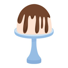 Pudding on blue stand, dessert pedestal. Blue cake stand pudding illustration, sweet dish. Pedestal dessert with chocolate glaze, pudding vector