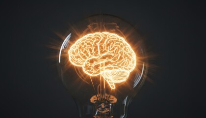 A glowing light bulb contains the intricate form of a human brain inside
