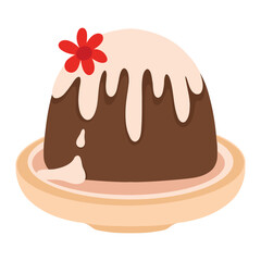 Floral pudding on plate, decorated dessert. Pudding with flower garnish, sweet presentation. Elegant pudding illustration, dessert
