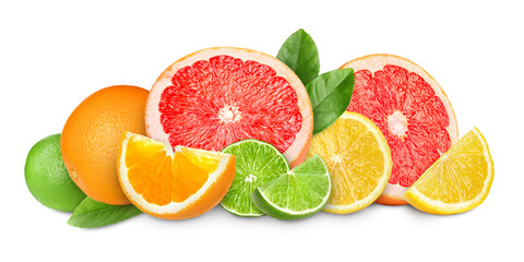 Citrus fruits isolated on white. Fresh oranges, lemon, lime and grapefruit