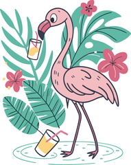 Cute Pink Flamingo Bird with Cocktail in Tropical Summer