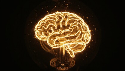 A glowing human brain inside a lightbulb representing ideas and intelligence