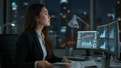 Businesswoman analyzing stock market data on digital tablet in night office. concept of modern financial analysis and technology integration. - Powered by Adobe