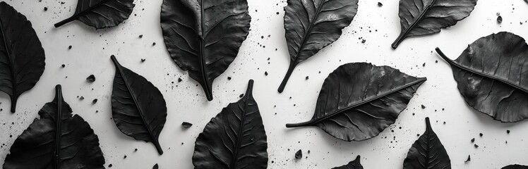 Scattered dark leaves form an abstract pattern on a light speckled background. The textured botanical elements create a minimalist and modern design with organic shapes and fine details.