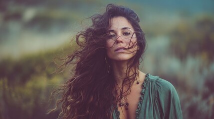 Woman with Long Hair in Natural Outdoor Scenery Surrounded by Greenery and Soft Lighting