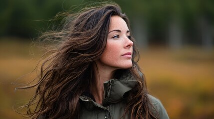 Naklejka premium Portrait of a Woman With Flowing Hair in Natural Outdoor Scenery Surrounded by Greenery and Warm Tones