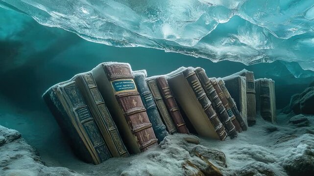 Video A stack of books on top of a large pile of ice, great for winter or cold-themed contexts