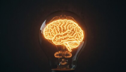 A glowing light bulb contains the intricate shape of a human brain within it