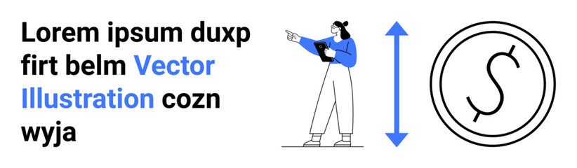 Businesswoman gesturing beside currency icon and growth symbol. Ideal for finance, business strategy, presentation, data analysis, growth concepts, education, simple landing page