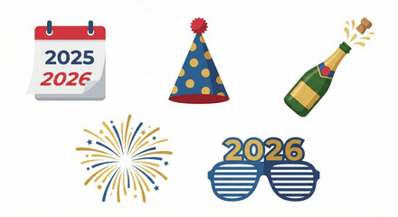 Happy New Year 2026 celebration with fireworks, party hat, glasses, and champagne