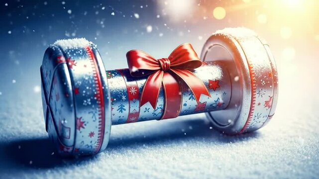 Christmas decorated dumbbell with red ribbon and snowfall. Holiday fitness gift idea. Snow covered barbell for winter workout.