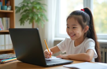 Happy Asian girl studies online using laptop at home. Female child learns remotely during pandemic. Homeschool student writes with pencil on paper. Distance education tech concept.
