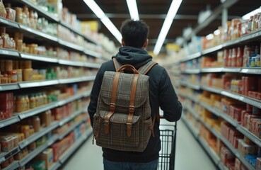 Person walks in supermarket aisle, pushing shopping cart with backpack on back. Shelves full of various products, food items. Shopper buys groceries, daily essentials at large modern retail market