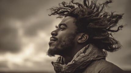 Portrait of a Man in Windy Environment with Natural Hair and Expressive Features Against Dramatic Sky Background