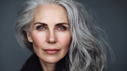 Naklejka premium Elegant woman with natural silver hair and refined beauty, showcasing minimalistic style and striking features in portrait photography