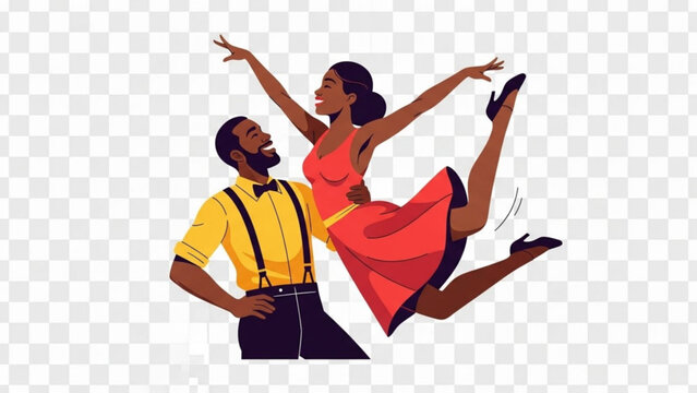 Joyful Black couple elegantly performing dynamic swing dance moves with vibrant energy and classic style