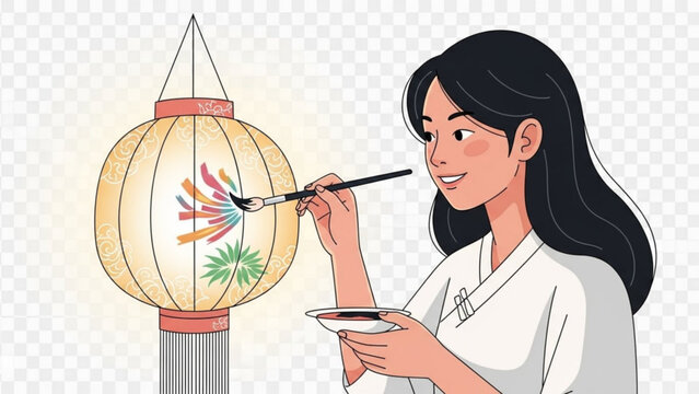Smiling woman carefully hand paints vibrant designs onto a traditional glowing Asian lantern