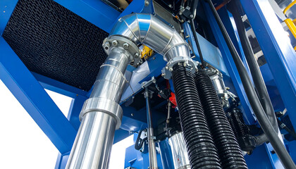 Close-up of industrial machinery with metallic pipes and complex blue framework
