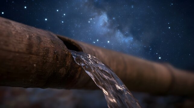 Water trickles from an old wooden pipe under a vast starry night sky with the Milky Way visible