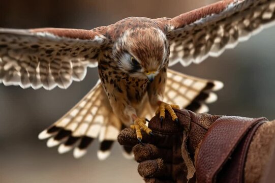 Falcon flying towards a falconer's glove
